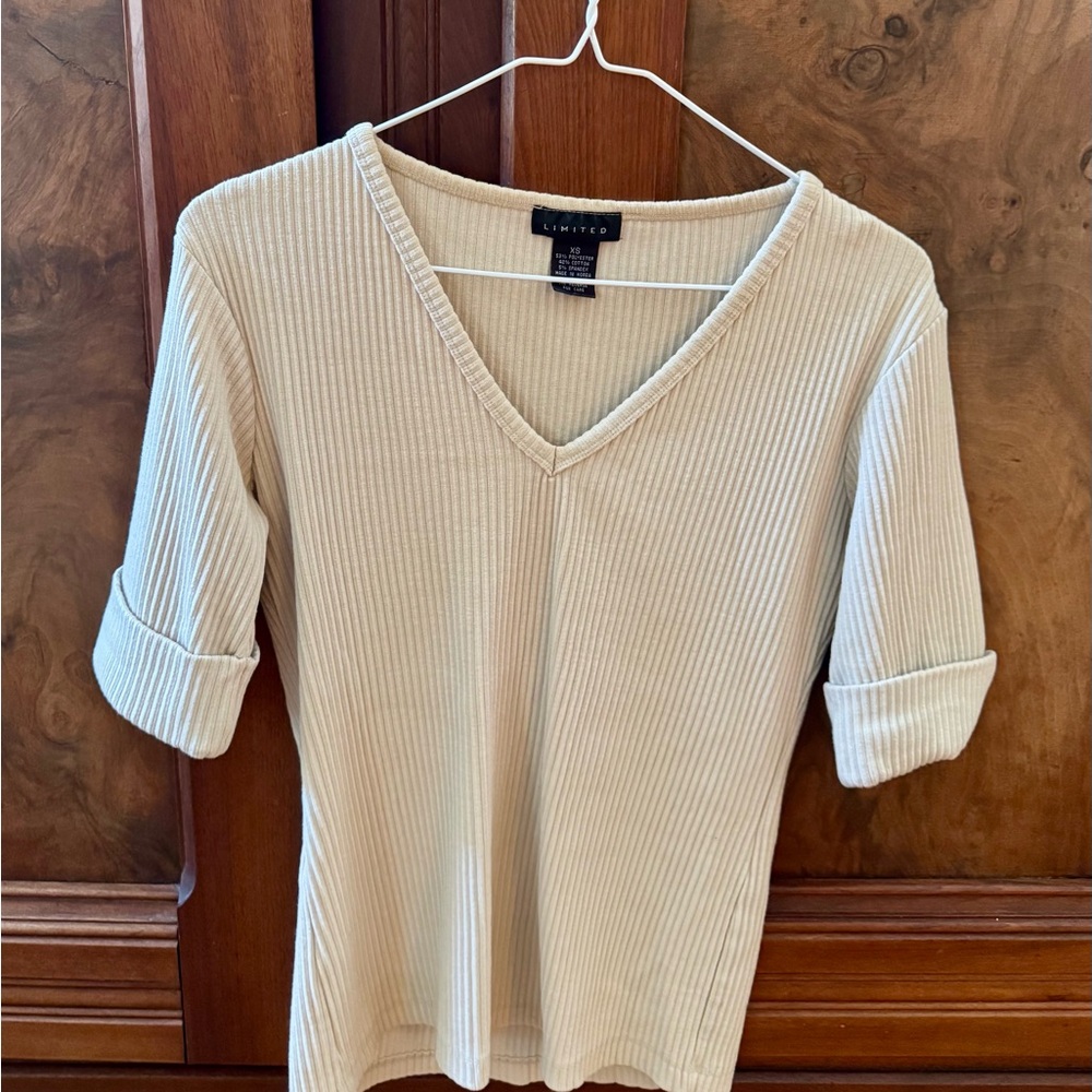 The Limited Cream Ribbed V-Neck Blouse
